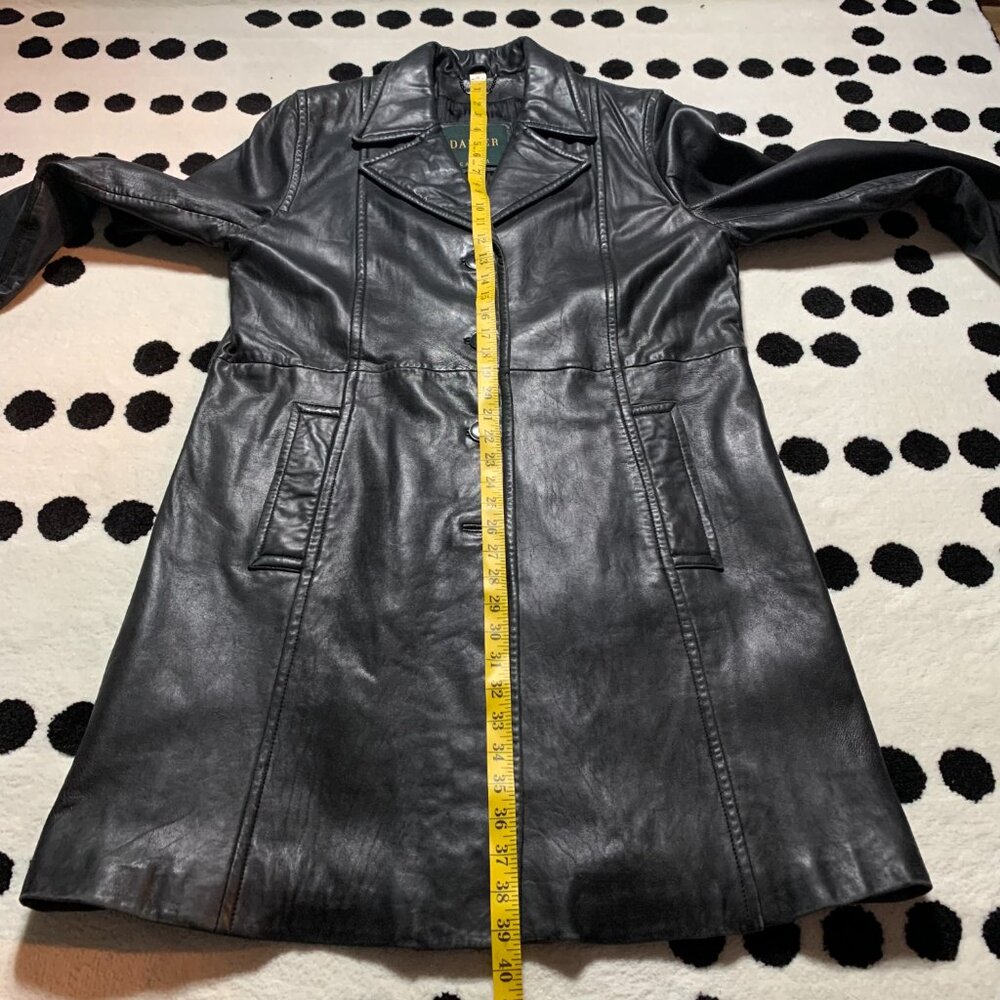 Vintage 90s Danier Black Leather Blazer Trench Coat Overcoat Longline Jacket - Picture 12 of 16